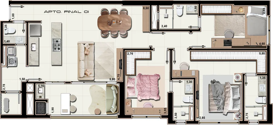 Planta do Final 01 do Amani, 119,04 m²