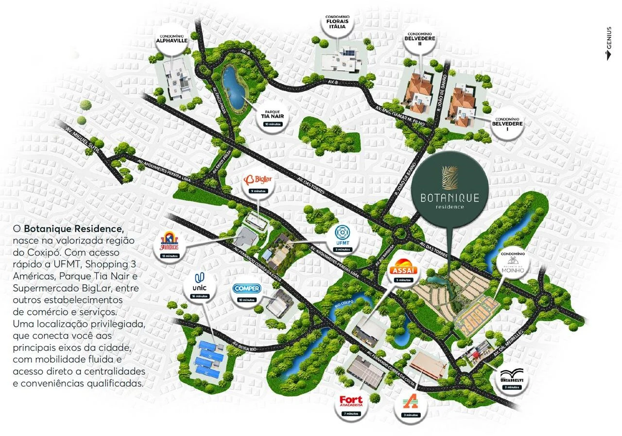 Mapa ilustrado do entorno do Botanique Residence, com o tempo de deslocamento até a UFMT, o Assaí, o Comper, o Fort, o Parque Tia Nair e os condomínios vizinhos